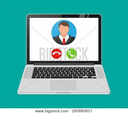 Incoming Video Call On Laptop. Photo Of Man, Decline And Accept Buttons On Notebook Screen. Online M