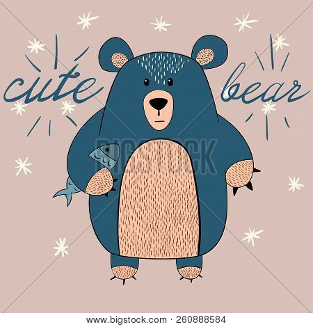 Cute Bear With Fish Illustration. Idea For Print T-shirt. Vector Eps 10