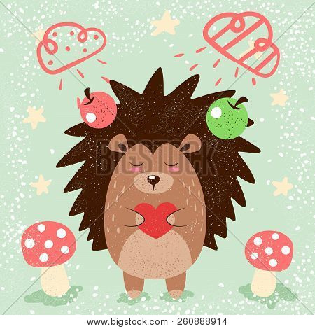 Cartoon Funny Hedgehog Illustration For Print T-shirt. Vector Eps 10