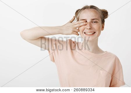 I Am Watching You. Portrait Of Carefree Emotive Young Woman With Freckles And Blue Eyes, Smiling Bro
