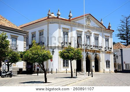 Faro, Portugal - June 12, 2017 - Front View Of The Town Hall In The Praca Largo De Se In The City Ce