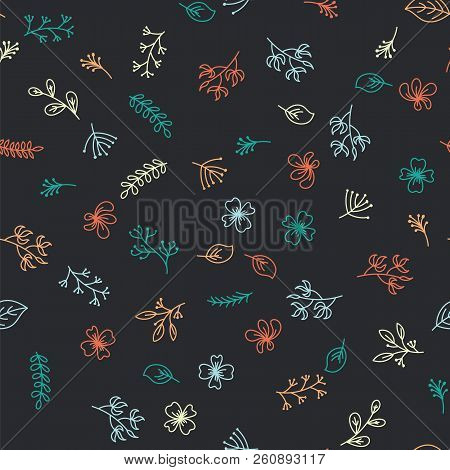 Colorful Hand Painted Floral Pattern On Black Background. Multicilor Branches, Blooming Flowers, Fol
