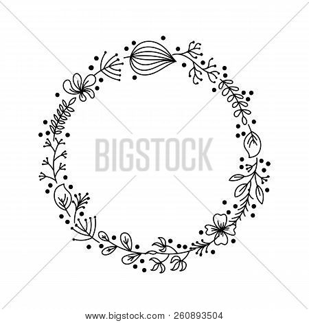 Flower Wreath From Hand Drawing Flowers, Leaves, Branches And Forest Herbs. Round Frame From Hand Pa