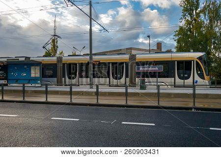 Brussels, Belgium - October 1, 2018 : A Tram In Brussels, On The New Line Number 8, At The Terminus,