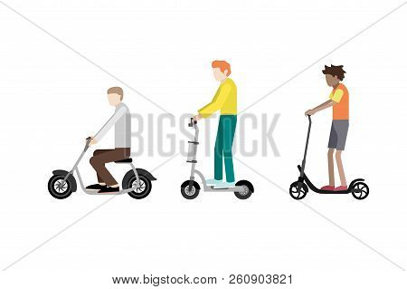 People On Electric Scooters In Flat Style.