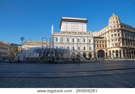 Genoa (genova), Italy - July, 6, 2017 - View Of De Ferrari Square In Genoa, The Heart Of The City Wi