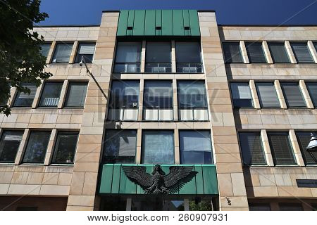 Nuremberg, Germany - May 6, 2018: Police Station Sign In Nuremberg, Germany. Bavarian State Police (
