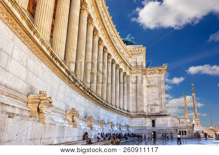 Rome/italy - August 26, 2018: Columns Of 
The Corinthian Order On The Facade Of The Altar Of The Fat