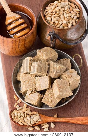 Homemade Sunflower Halva. Oriental Sweets. Retro Style.