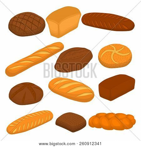 Vector Illustration Of Set Of Baked Bread, Dark Rye Brick, Soft Baguette For Bakery. Bread Consistin