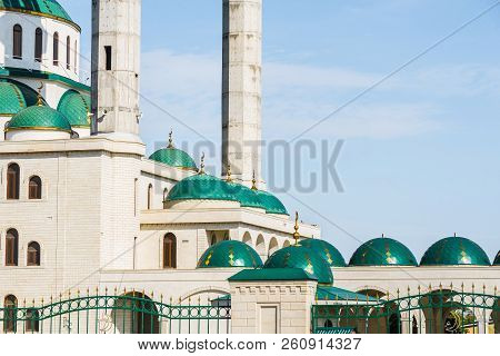 The Cathedral Mosque At Sunny Day In Cherkessk, Karachay-cherkessia, Russia. Details Of The Architec