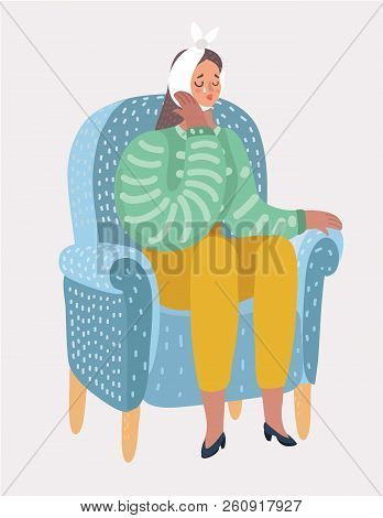 Sad Woman Suffering From A Strong Toothache And Sitting In Chair. Crying Female Touching Her Cheek A