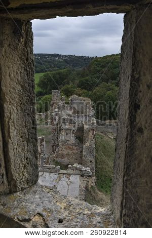 Look Through The Window At Ruins Of Castle. Castle 