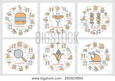 Vector Six Linear Yellow Round Concept Of  Picnic Items, Food And Equipment. Gamburger, Barbecue, Fr