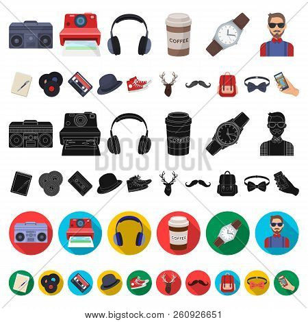 Style Hipster Cartoon Icons In Set Collection For Design. Hipster Attributes And Accessories Vector 