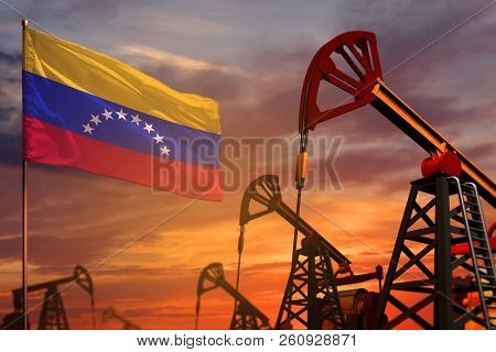 Venezuela Oil Industry Concept, Industrial Illustration. Venezuela Flag And Oil Wells And The Red An