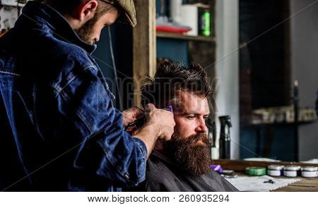 Barber With Clipper Trimming Hair On Temple Of Client. Hipster Client Getting Haircut. Hipster Lifes