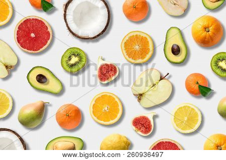 Various Vegetables And Fruits On White Background, Top View, Fla