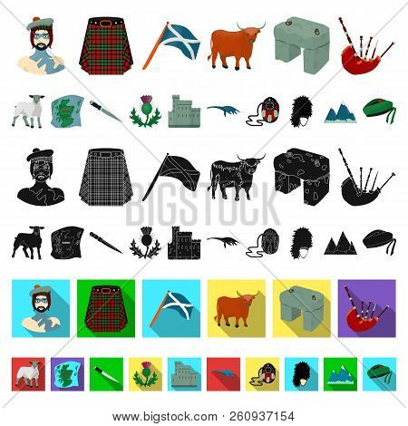 Country Scotland Cartoon Icons In Set Collection For Design. Sightseeing, Culture And Tradition Vect