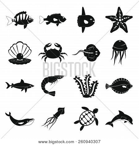Sea Animals Icons Set. Simple Illustration Of 16 Sea Animals Icons For Web