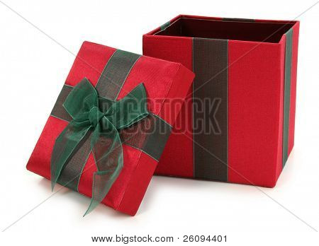 Red and green fabric gift box over white. Top open.