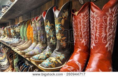 Wall Of Cowboy Boots In Santa Fe, New Mexico, Usa
