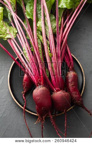 Beet, Beetroot Bunch On Wooden Plate On Grey Stone Background. Copy Space. .