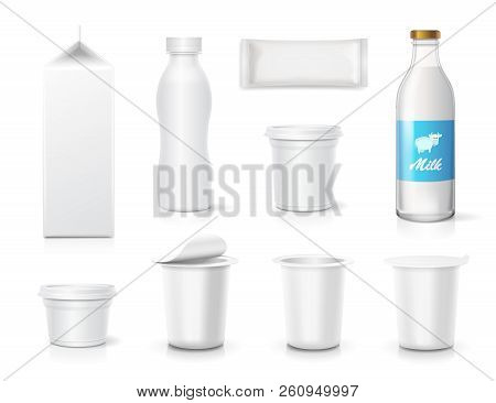 Various Packages For Dairy Products Set, Glass Bottle, Carton Milk Box, Yogurt Container Collection