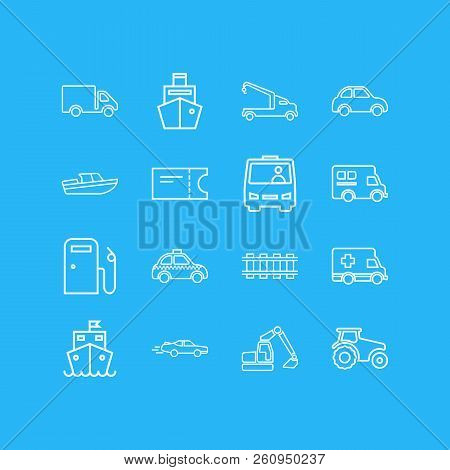 Vector Illustration Of 16 Carrying Icons Line Style. Editable Set Of Shuttle, Cargo Ship, Campervan 