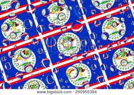 Flags  Of Belize, Behind A Glass Covered With Rain Drops.pattern From Belize Flags. 3d Illustration