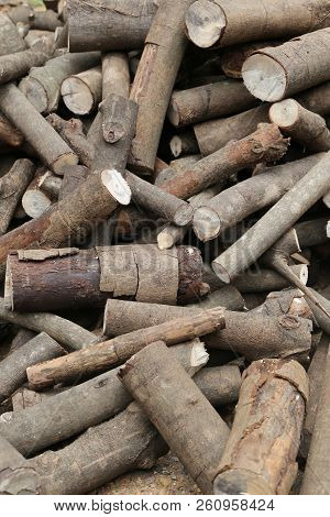 Stack Of Firewood For Putting It To Make Fuel,wood From The Rubber Tree.