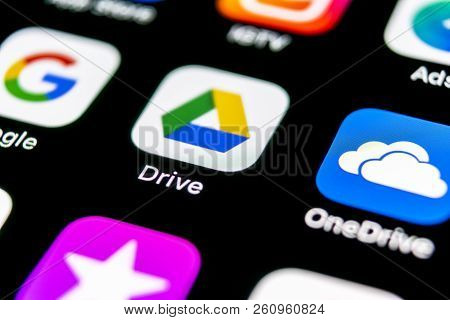 Sankt-petersburg, Russia, September 30, 2018: Google Drive Application Icon On Apple Iphone X Screen