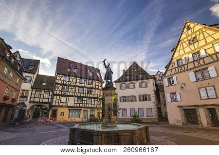 Colmar France, Colorful Half Timber House City Skyline At Schwendi Fountain