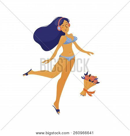 Beautiful Slim Caucasian Lady In Headphones And Bikini Dancing Happily, Flat Vector Illustration Iso