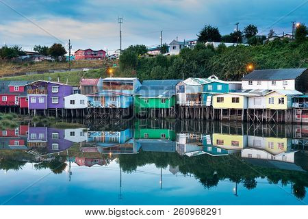 Castro, Chiloe Island, Chile - January 29, 2016: Palafitos Pedro Montt, Traditional Stilts Houses Of