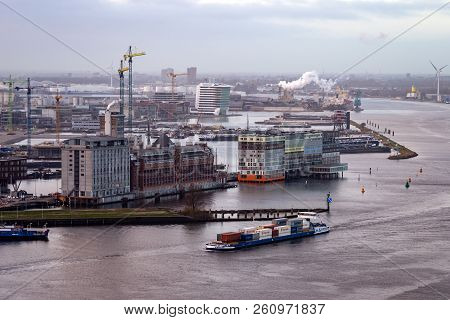 Amsterdam, March 29, 2016, Netherlands:view On The Industrial Zone And Harbor In Amsterdam From The 