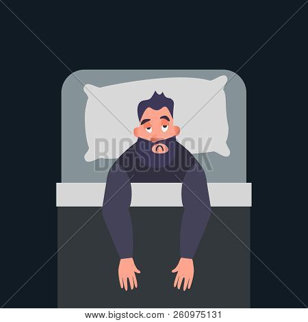 Sleepless Insomnia Concept Art. Tired Man On The Bed Can Not Sleep. Stress Male Character. Inscripti