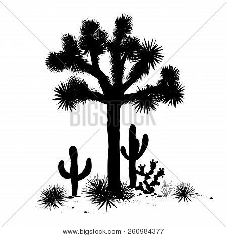 Outline Landscape With Joshua Tree And Cacti. Vector Illustration.