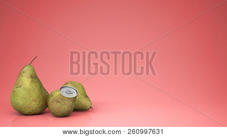 Fresh Pear Juice In Pear Can And Pears, Over Pink Background With Copy Space, Natural Drink Concept