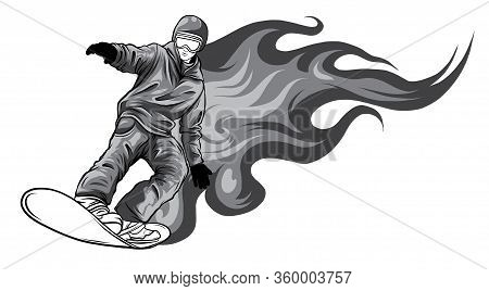Monochromatic Snowboarder Crow On Fire Vector Illustration Art