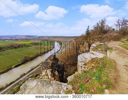 Rocks Of The Hessigheimer Felsengaerten With River Neckar In Background Near Town Of Mundelsheim
