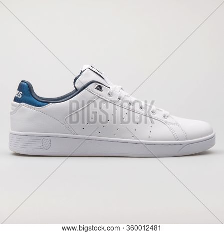 Vienna, Austria - August 14, 2017: K-swiss Clean Court Cmf White And Blue Sneaker On White Backgroun