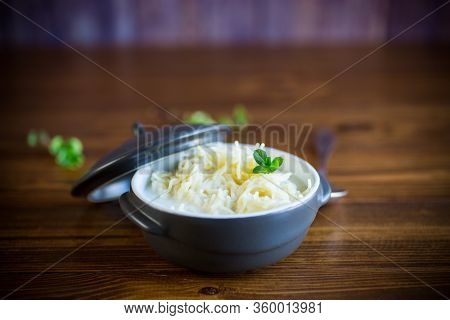 Sweet Boiled Vermicelli With Milk In A Ceramic Bowl