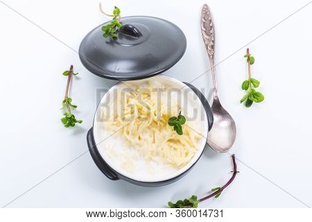 Sweet Boiled Vermicelli With Milk In A Ceramic Bowl