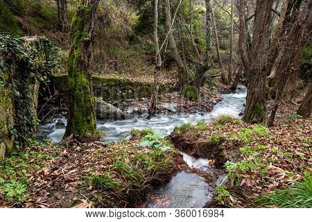 Beautiful Medieval Stoned Bridge Of Milia With River Full With Water Flowing At Troodos Mountains In