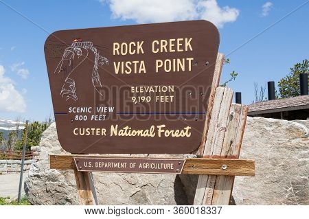 Custer National Forest, Montana, Usa - July 13, 2014:  A Wooden Sign For Rock Creek Vista Point In C