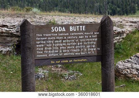 Yellowstone National Park,  Montana, Usa - July 13, 2014:  A Wooden Informational Sign For Soda Butt