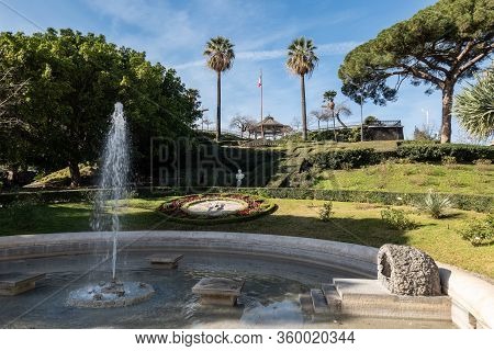 Catania, Sicily - February 12, 2020: Vasca Dei Cigni Fountain On The Southern End Of The Parco Maest