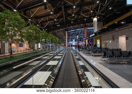 Moscow, Russia - 2020: Sheremetyevo International Airport, Terminal C. Travelator. The Interior Of T