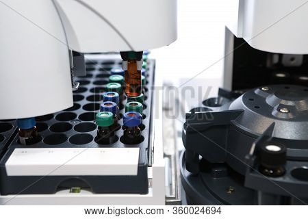 Quality Control Laboratory Medicine. Chromatograph Operation. Makes An Analysis On A Gas Chromatogra